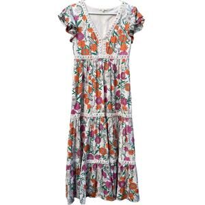 BaeVely Floral Tiered Maxi Dress Flutter Sleeves Lined V-Neck Zinnia Size Small